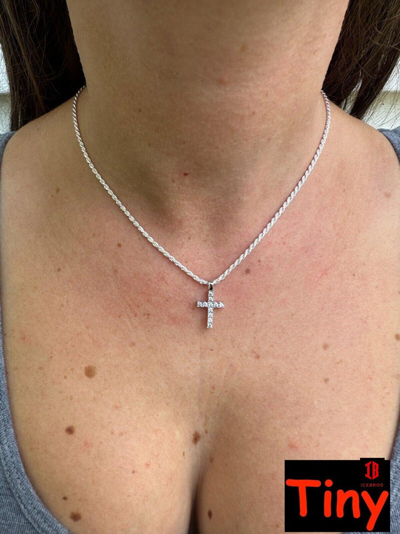 Real MOISSANITE Solid 10k White Gold Iced Tennis Cross Pendant Necklace 5 Sizes