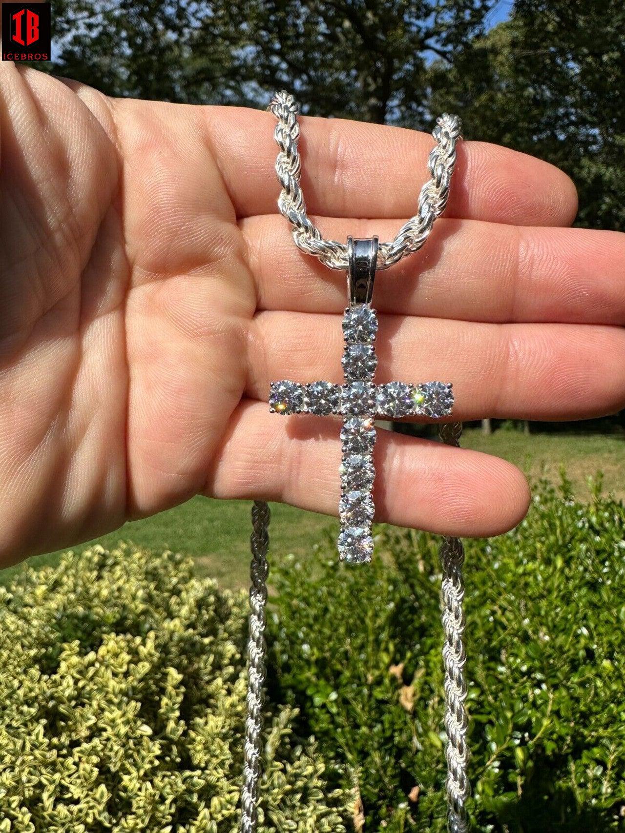 Real MOISSANITE Solid 10k White Gold Iced Tennis Cross Pendant Necklace 5 Sizes