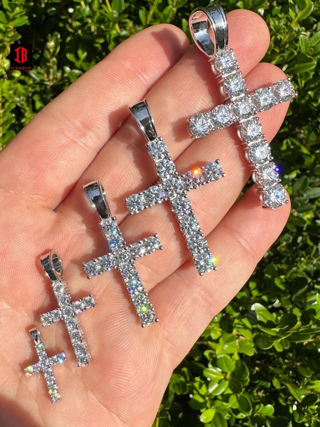 Real MOISSANITE Solid 10k White Gold Iced Tennis Cross Pendant Necklace 5 Sizes