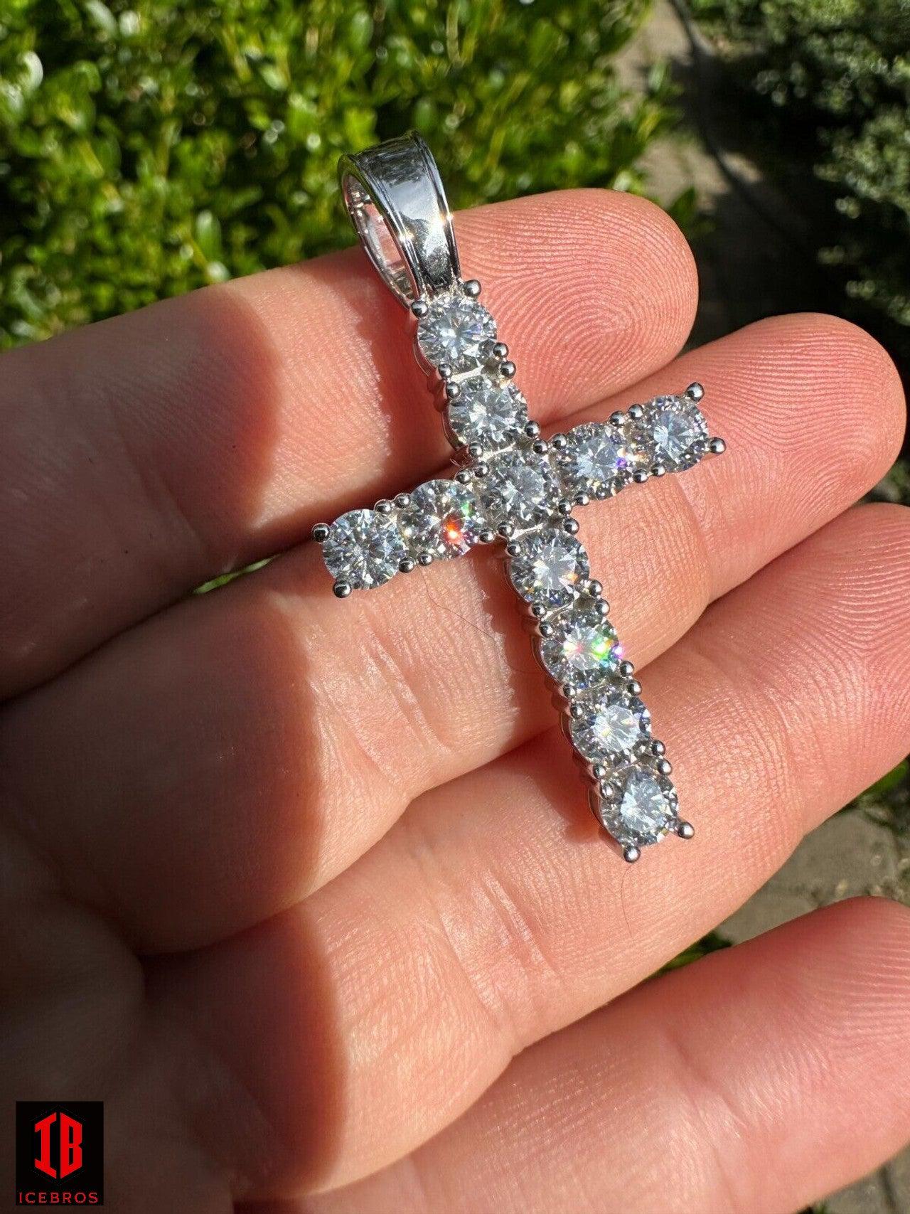 Real MOISSANITE Solid 10k White Gold Iced Tennis Cross Pendant Necklace 5 Sizes
