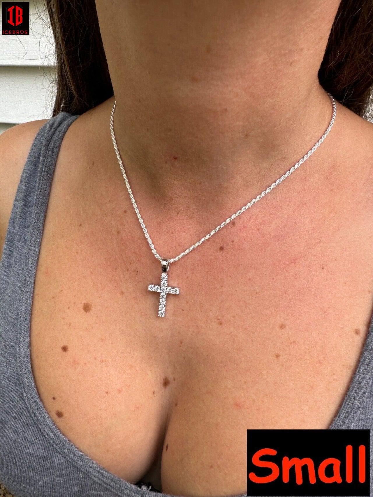 Real MOISSANITE Solid 10k White Gold Iced Tennis Cross Pendant Necklace 5 Sizes