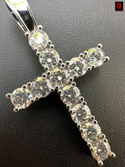 Real MOISSANITE Solid 10k White Gold Iced Tennis Cross Pendant Necklace 5 Sizes