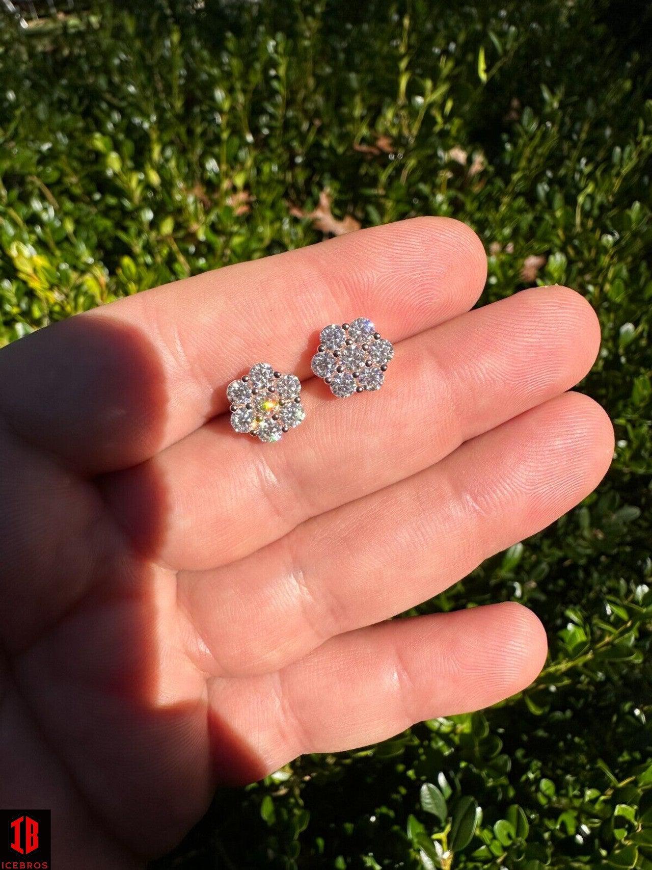 Moissanite Studs Iced Cluster Flower Set Earrings Real Rose Gold Over 925 Silver