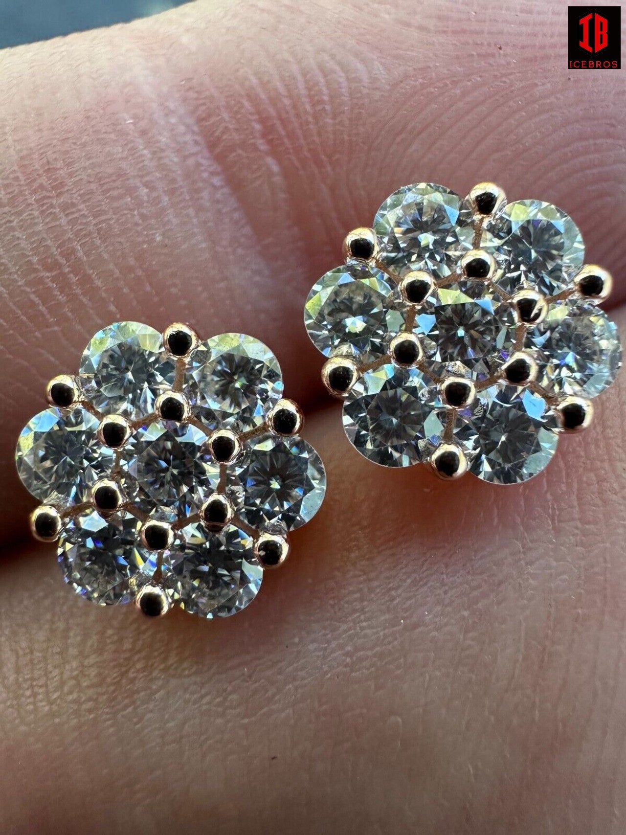 Moissanite Studs Iced Cluster Flower Set Earrings Real Rose Gold Over 925 Silver