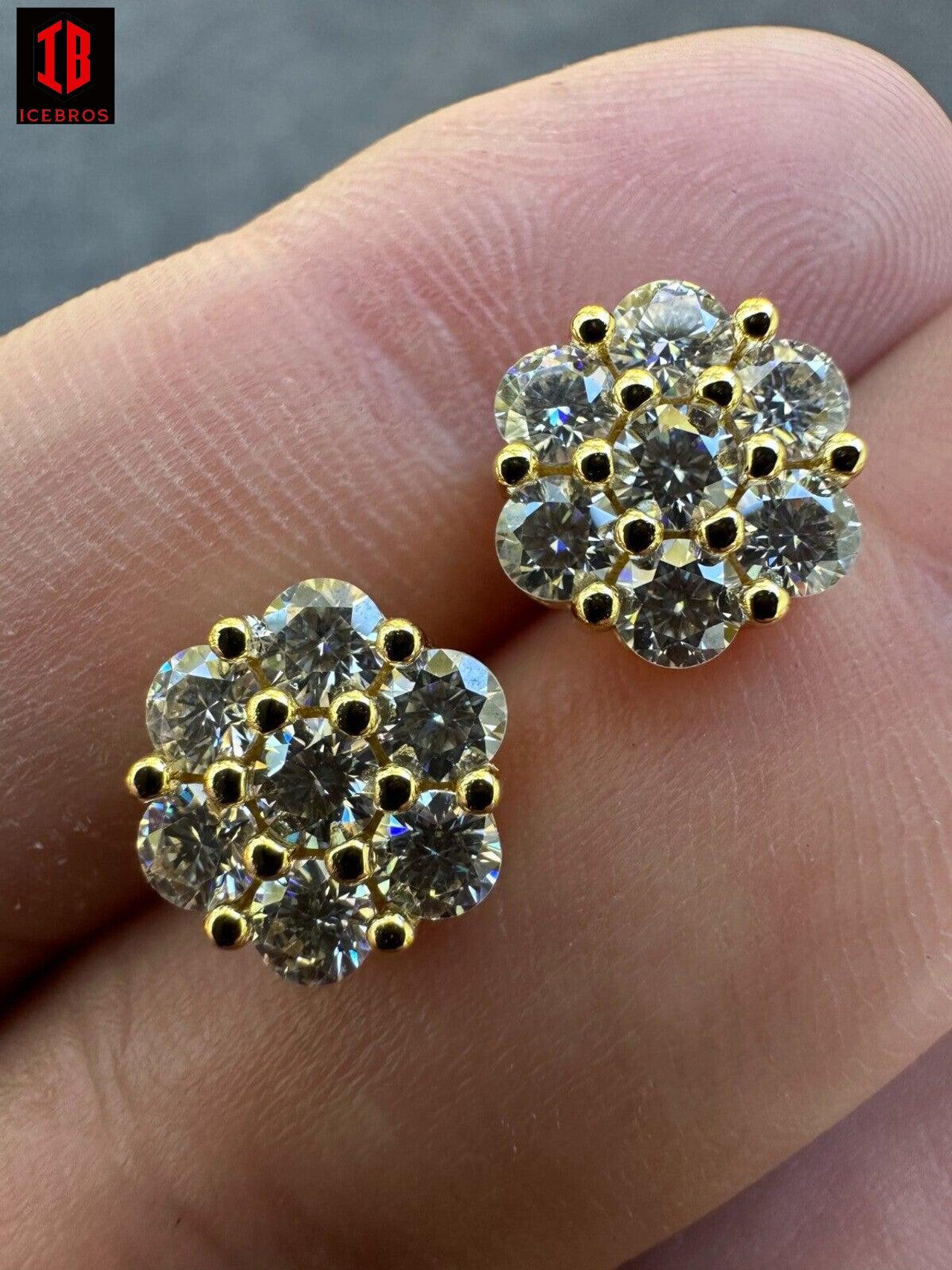 Moissanite Studs Iced Cluster Flower Set Earrings Real White Gold Over 925 Silver