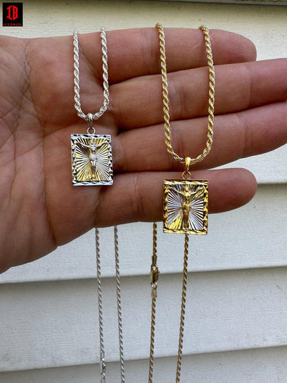 Real Solid 925 Silver / Plain Gold Plated Cross Jesus Medallion Pendant Necklace