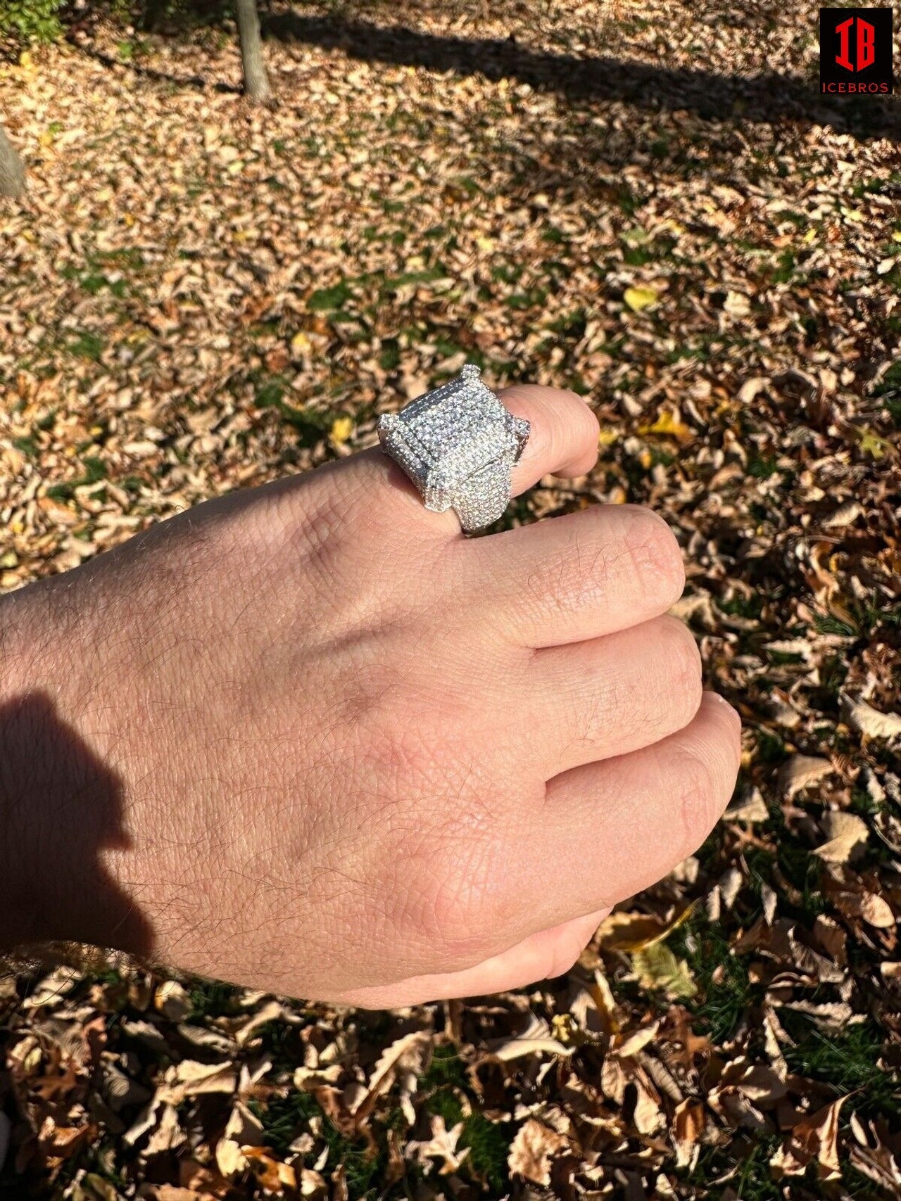 A Man Wearing Fully Iced-out Diamond Moissanite Ring in 14k White Gold Over 925 Sterling Silver with stunning shine