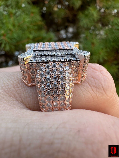 A Side View Of Cluster Setting of 3D Fully Iced 14k Rose Gold Moissanite Ring