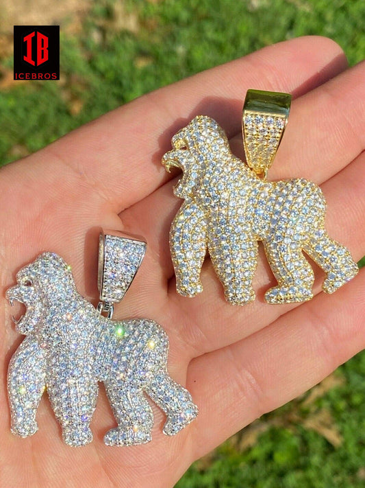 14K 925 Sterling Silver Gold Gorilla Pendant Ape Necklace Iced cz Diamond