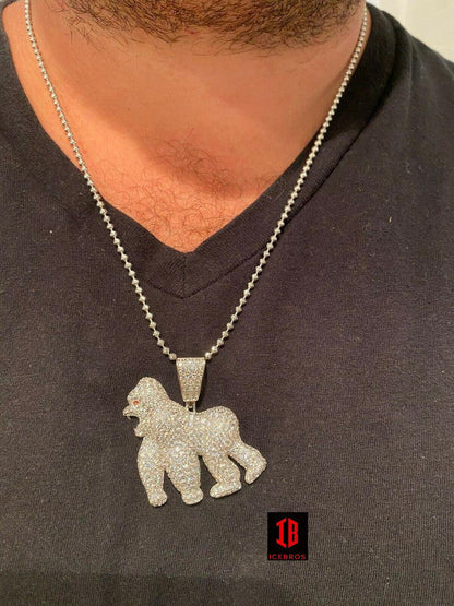 14K 925 Sterling Silver Gold Gorilla Pendant Ape Necklace Iced cz Diamond