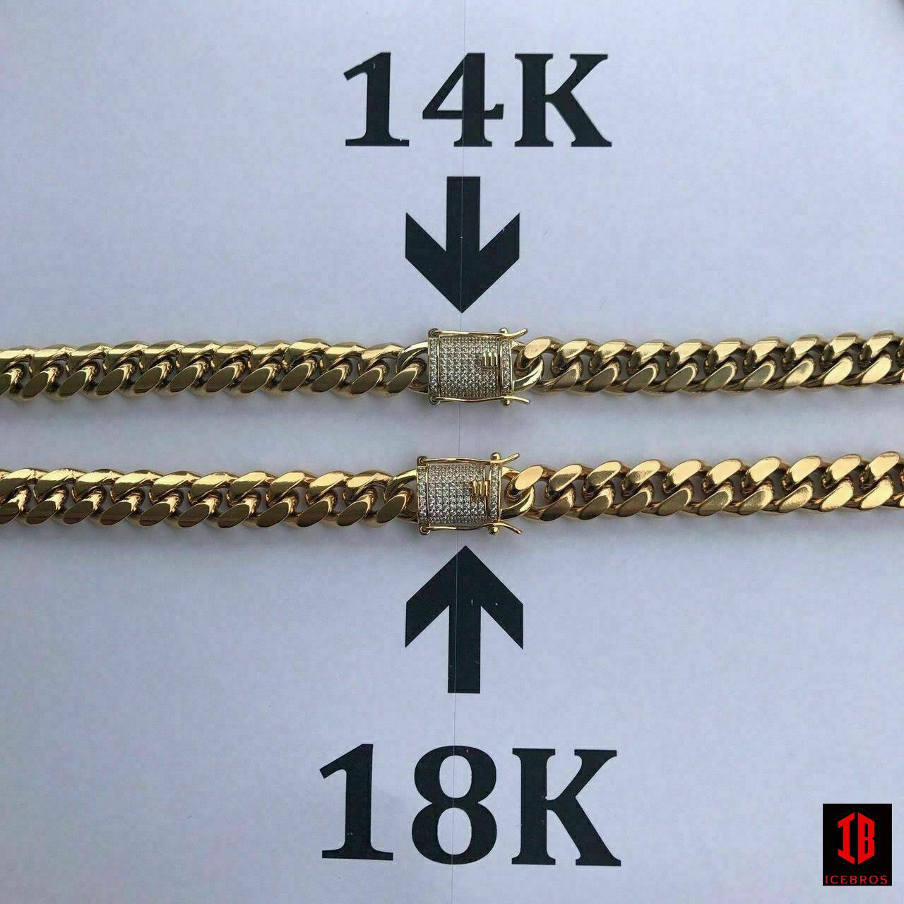 (12MM) 14K-18K Gold Plated Stainless Steel Cuban Link Chain CZ Diamond Lock 8-14MM