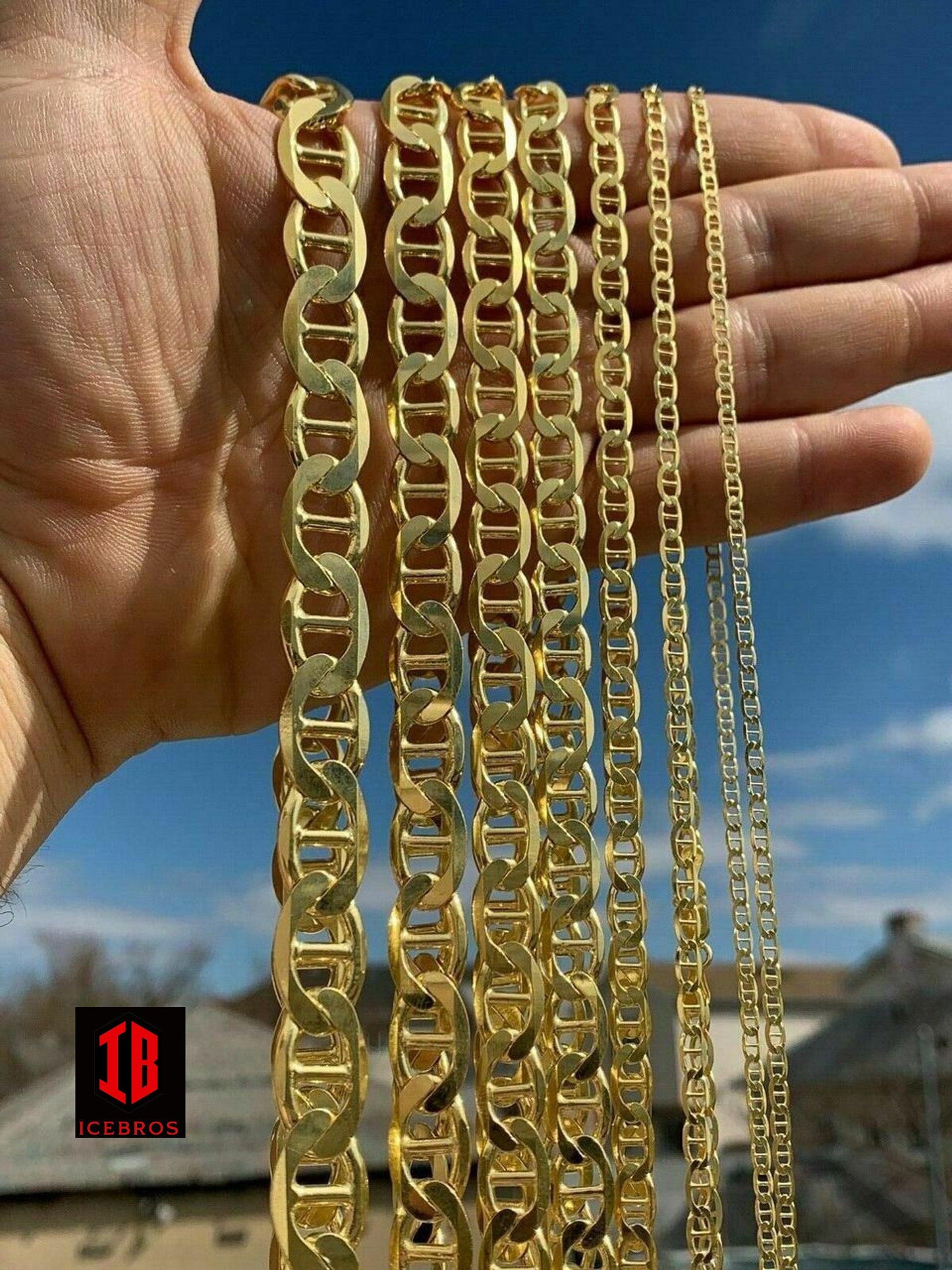 14k Gold Over 925 Sterling Silver Old School Mariner Chain Necklace (2-12mm)