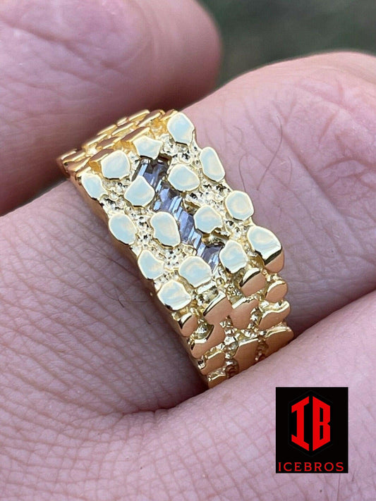 14k Gold Over REAL Solid 925 Sterling Silver Nugget Ring Iced Baguette Diamonds (CZ)