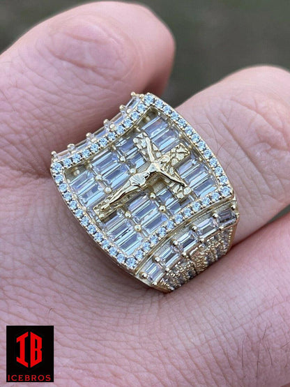 14k Gold & Solid 925 Silver Iced Flooded Out Baguette jesus Cross Ring (CZ)