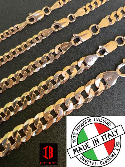 14k Rose Gold Vermeil Over Solid Italian 925 Silver Flat Miami Cuban Link Chain Necklace (3-8mm)