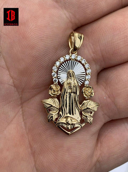 14k Yellow Gold Vermeil 925 Silver Virgin Mary Pendant Iced Hip Hop Men's Ladies