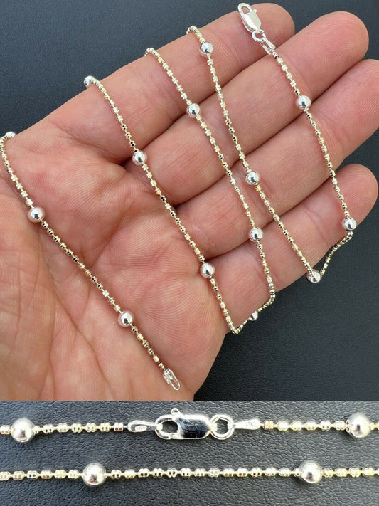 14k Gold & Real 925 Silver Diamond Cut Ice Sparkle Rope Beaded Chain Necklace