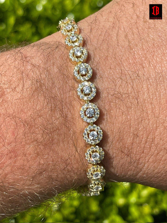 YELLOW GOLD & Solid 925 Sterling Silver Tennis Bracelet Real Iced Flooded Out Diamond 7-8.5"