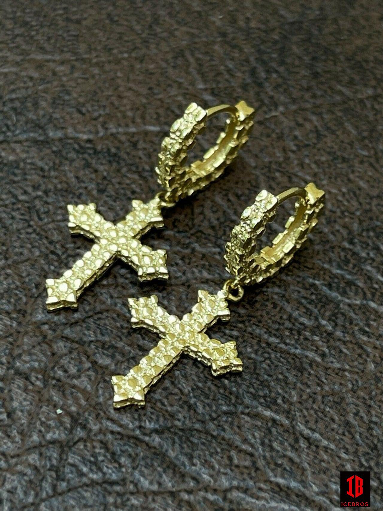 Real Solid 925 Sterling Silver Men Ladies Nugget Cross Huggie Hoop Drop Earrings