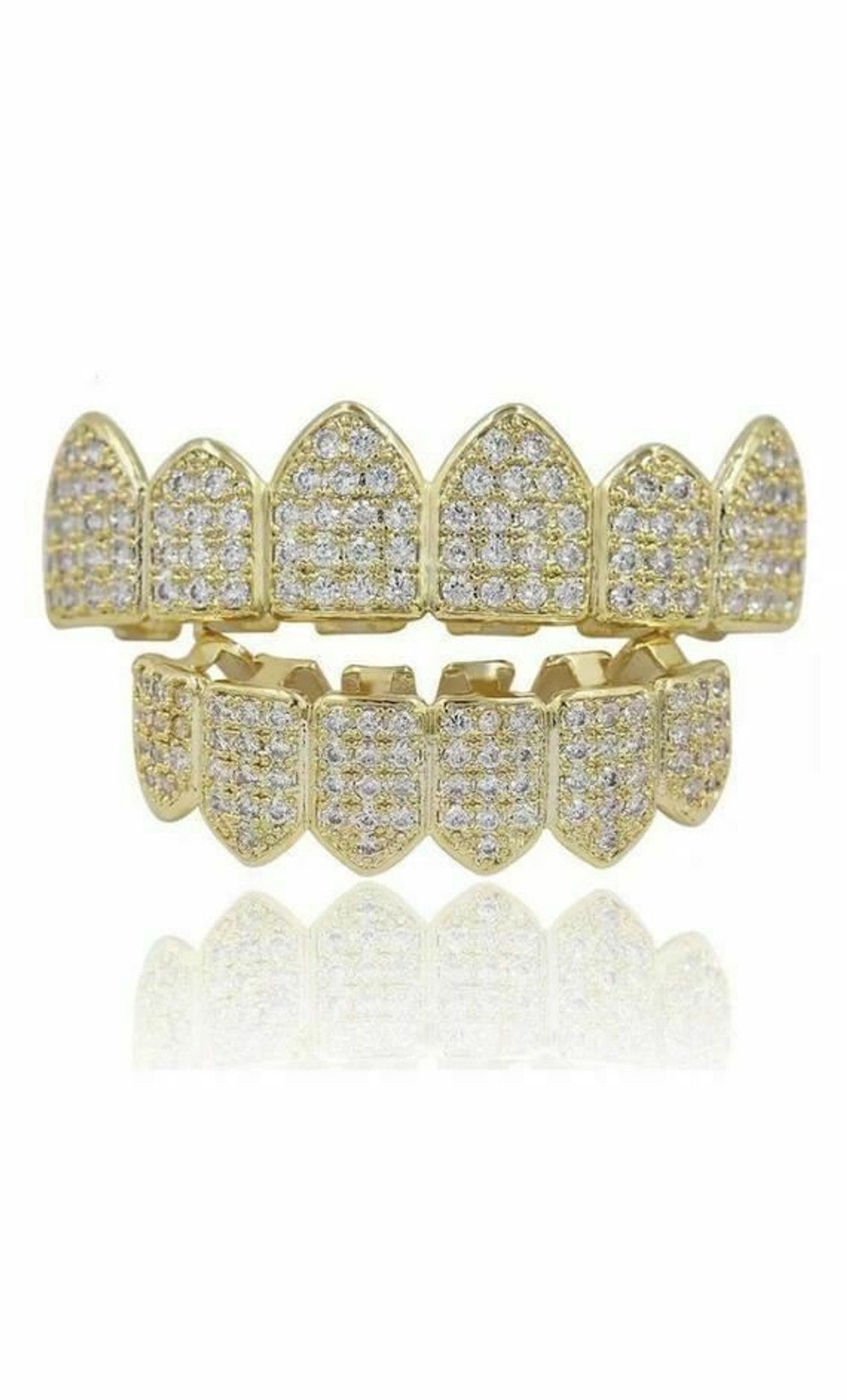 White Gold Over Fine SOLID 925 Silver CZ Diamond GRILLZ Teeth Top Bottom Hip Hop