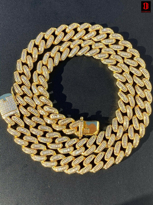 YELLOW GOLD Solid 925 Sterling Silver 12mm Baguette Diamond Miami Cuban Link Chain Necklace