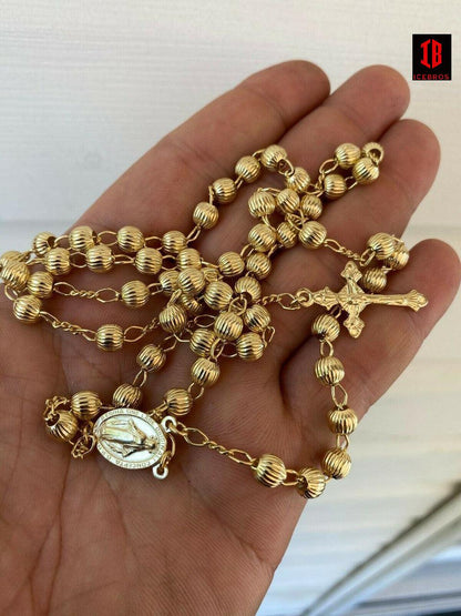 14k Gold Over Vermeil 925 Silver Men's Rosary Beads Necklace Rosario 6mm Diamond Moon Cut