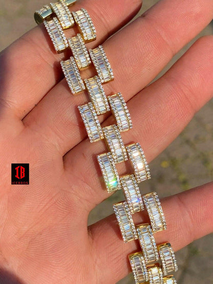 Real Solid 925 Silver Mens Custom Hip Hop Presidential Link Bracelet 14mm Iced