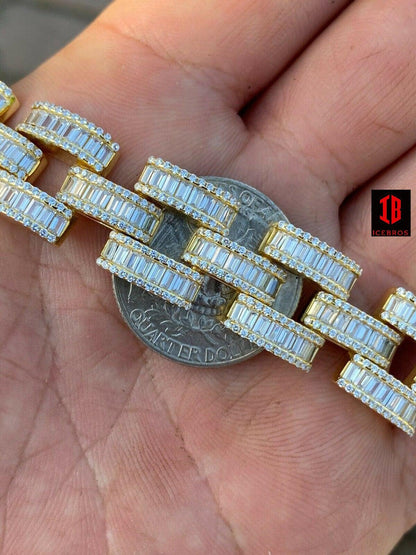 Yellow Real Solid 925 Silver Mens Custom Hip Hop Presidential Link Bracelet 14mm Iced