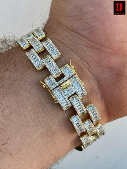 Yellow Real Solid 925 Silver Mens Custom Hip Hop Presidential Link Bracelet 14mm Iced