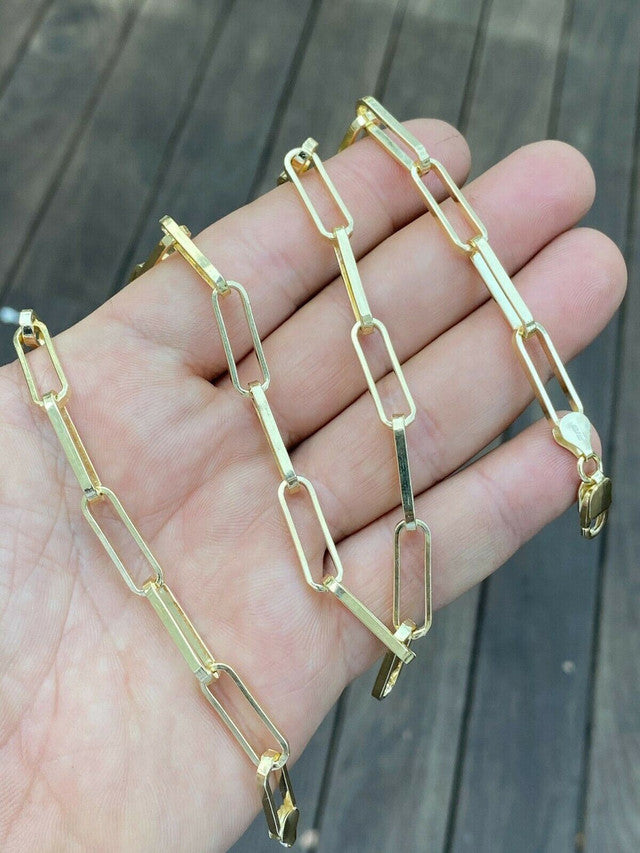 14k Gold Over Solid 925 Silver Paperclip Chain Bracelet Large 7mm Necklace Italy
