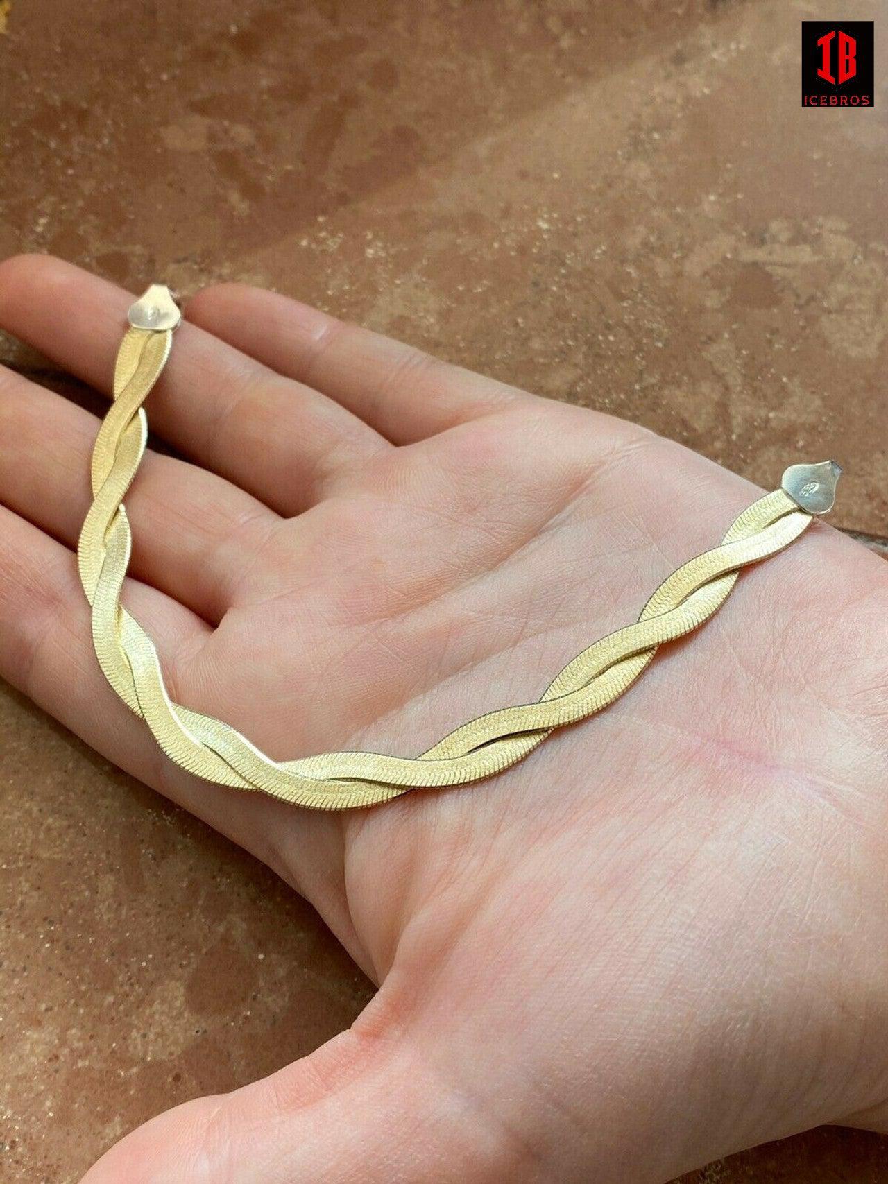 WHITE Gold Over Solid 925 Silver Twisted Braided Herringbone Bracelet 6" - 8.5"
