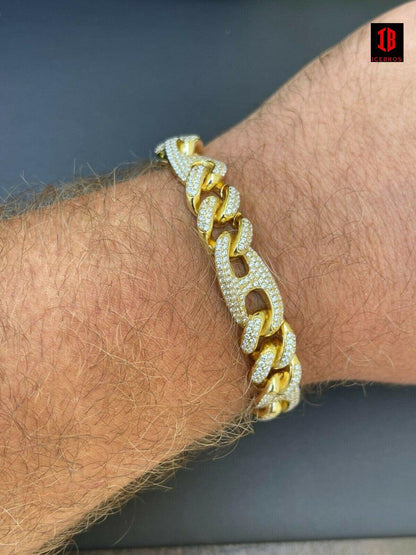 YELLOW GOLD Mens Miami Cuban Iced Gucci Link Bracelet Solid 925 Silver Hip Hop Flooded Out