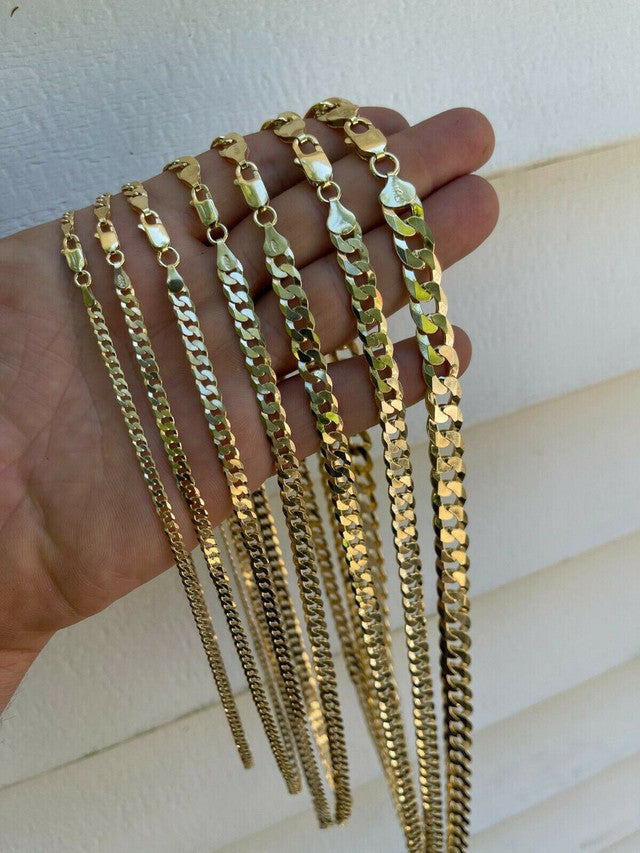 14k Gold Vermeil REAL Solid 925 Silver Flat Cuban Link Chain Necklace 3mm - 11mm