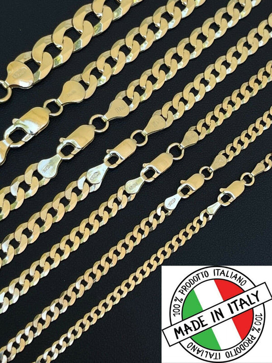 14k Gold Vermeil REAL Solid 925 Silver Flat Cuban Link Chain Necklace 3mm - 11mm