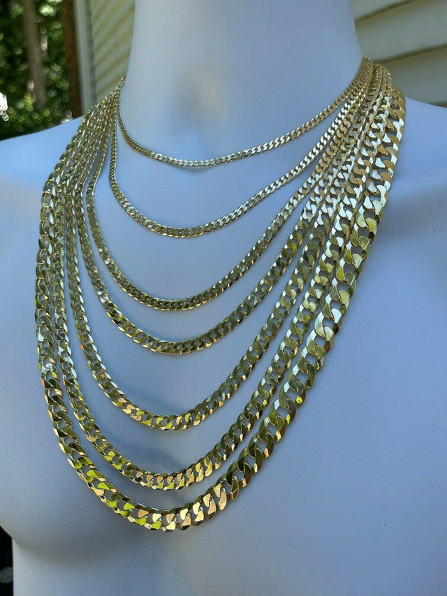 14k Gold Vermeil REAL Solid 925 Silver Flat Cuban Link Chain Necklace 3mm - 11mm