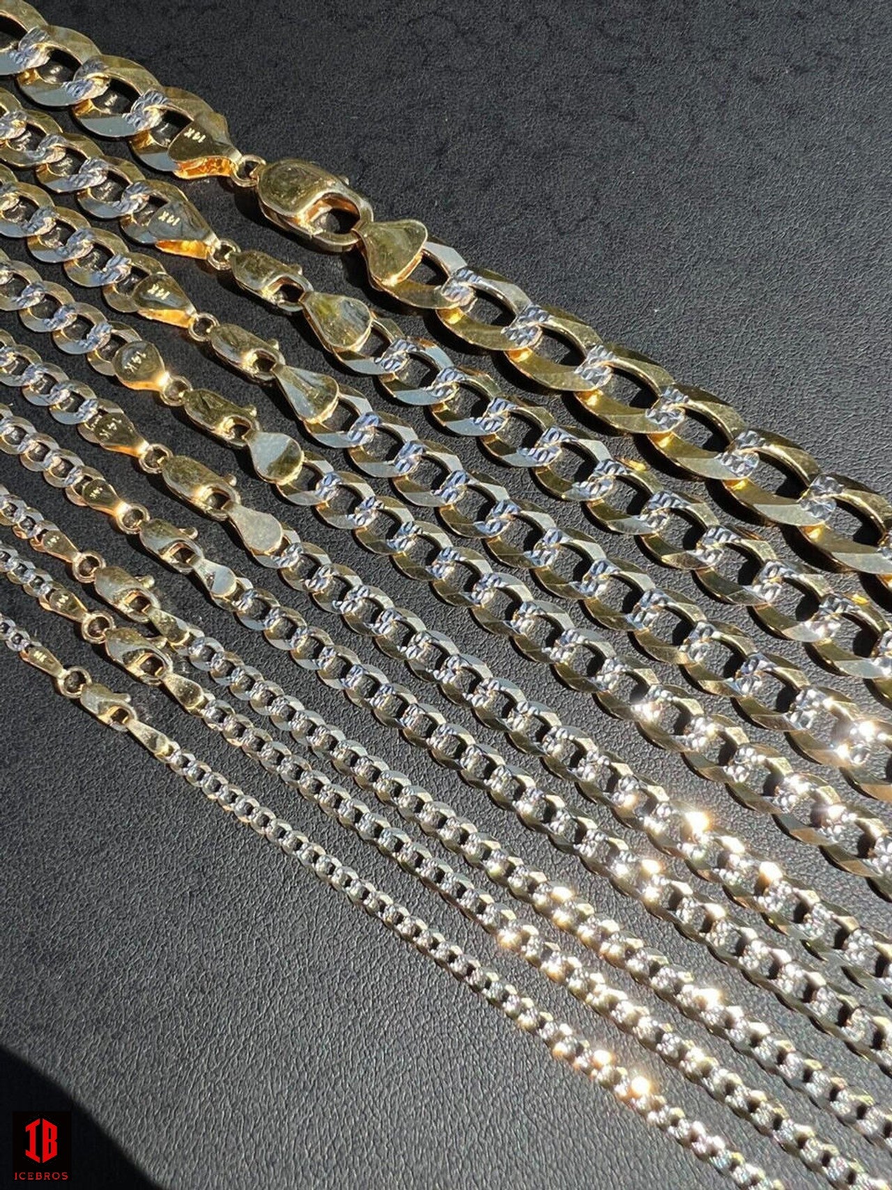 14k Solid Gold Two Tone Diamond Cut Curb Miami Cuban Link Chain 2.5-12mm Necklace