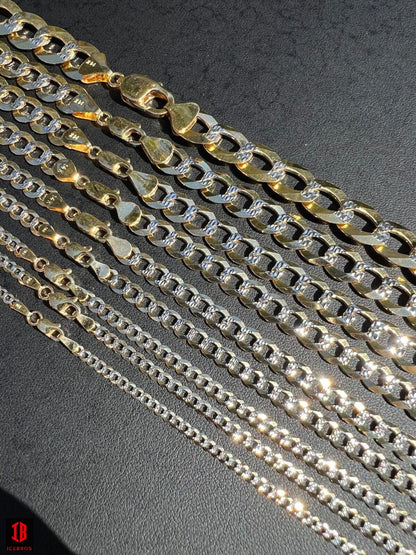 14k Solid Gold Two Tone Diamond Cut Curb Miami Cuban Link Chain 2.5-12mm Necklace