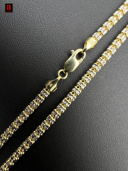 14k Genuine Solid Yellow & White Gold Sparkle Ice Link Chain Necklace Diamond cut Two Tone