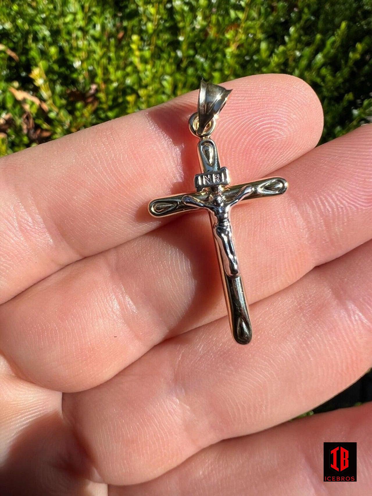 Solid 14k Yellow & White Gold Cross Jesus Crucifix Pendant Necklace Mens Ladies