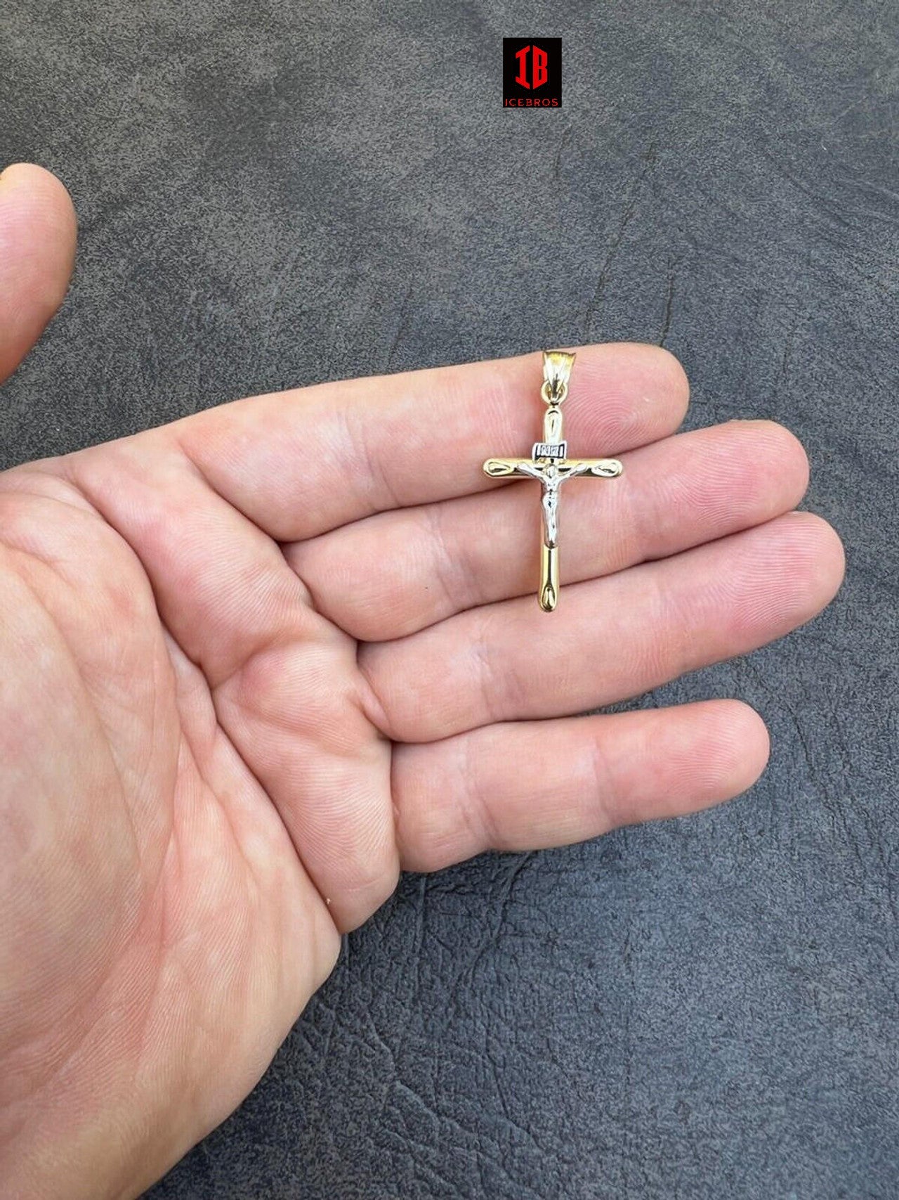 Solid 14k Yellow & White Gold Cross Jesus Crucifix Pendant Necklace Mens Ladies
