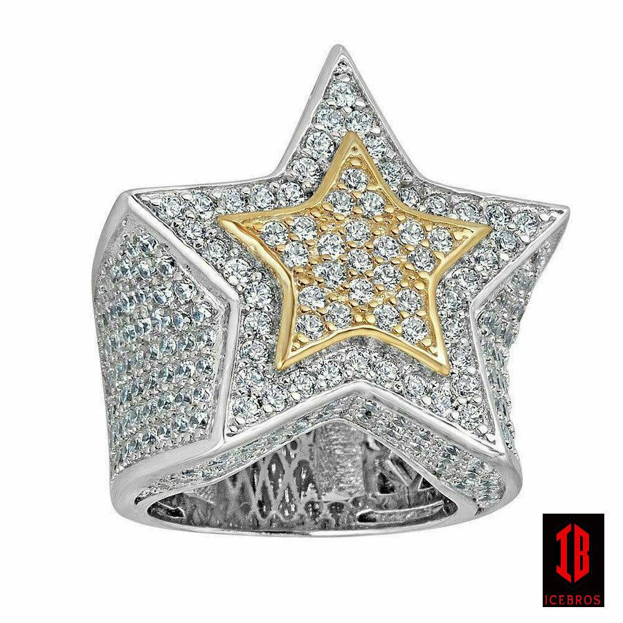 14k Gold 925 Sterling Silver Iced Out 3D Two Tone STAR RING MOISSANITE Two Layer - Flawless Karat