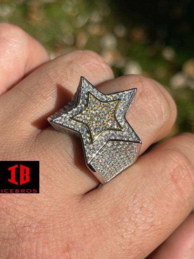 14k Gold 925 Sterling Silver Iced Out 3D Two Tone STAR RING MOISSANITE Two Layer - Flawless Karat