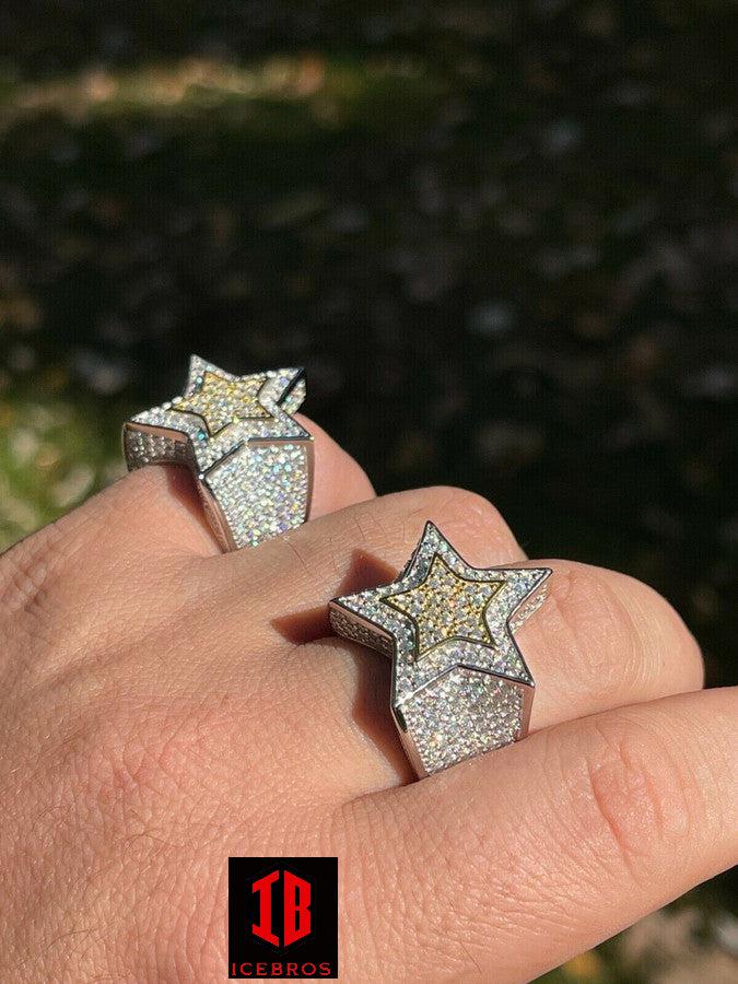 14k Gold 925 Sterling Silver Iced Out 3D Two Tone STAR RING MOISSANITE Two Layer - Flawless Karat