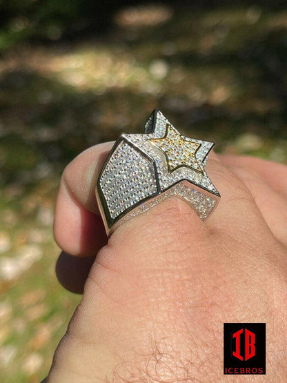 14k Gold 925 Sterling Silver Iced Out 3D Two Tone STAR RING MOISSANITE Two Layer - Flawless Karat