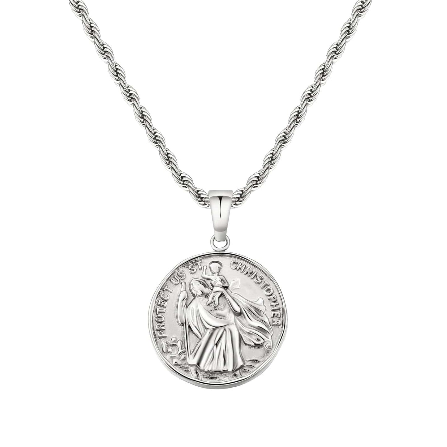 St Christopher Coin Pendant Necklace Stainless Steel 18K Gold Color with Rope Chain