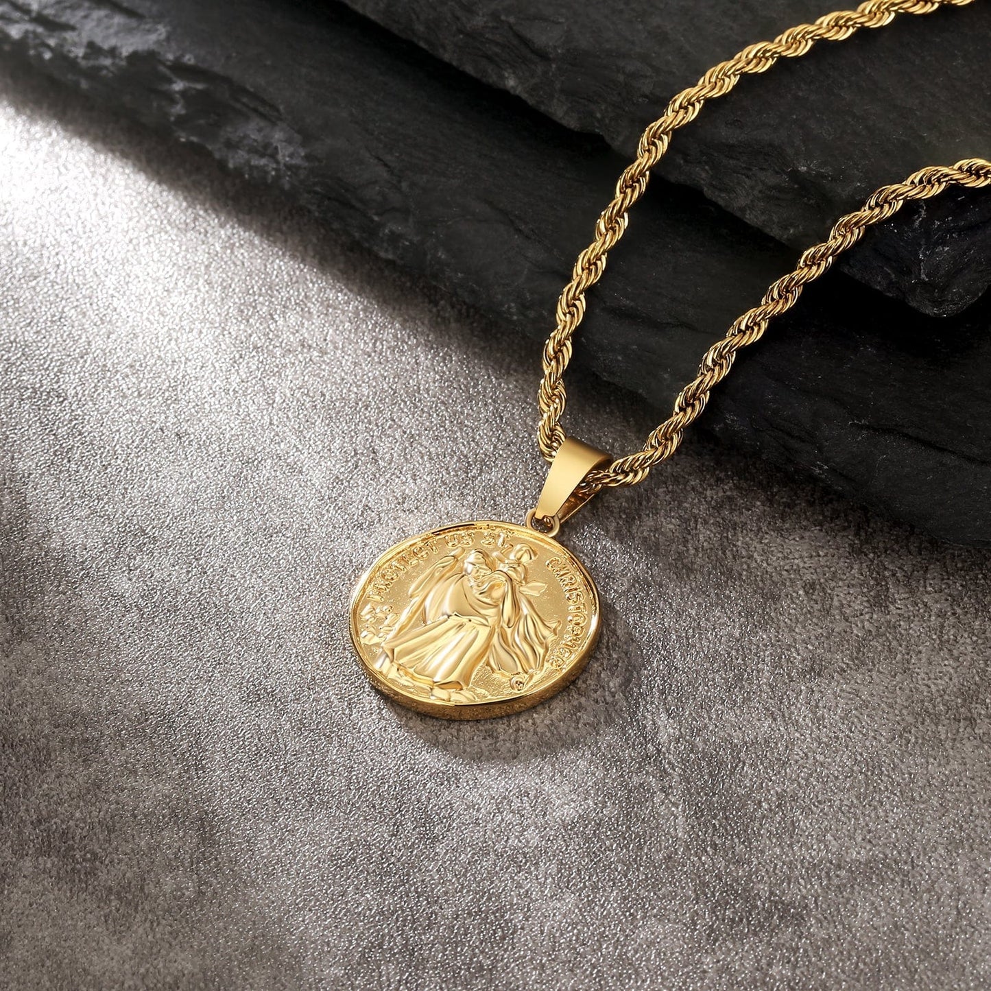 St Christopher Coin Pendant Necklace Stainless Steel 18K Gold Color with Rope Chain