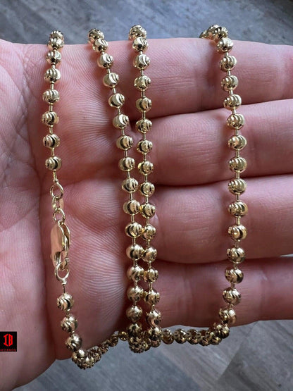 2.5mm-4mm Men's Genuine Solid 14k Yellow Gold Beaded Ball Moon Cut Chain Necklace