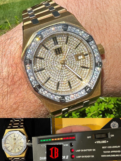 (22) MOISSANITE Watch Iced Automatic Skeleton Back 14K Gold & Stainless Steel