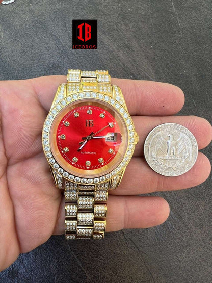 (29) Mens MOISSANITE Red Face Gold Presidential Watch Iced Hip Hop Passes Diamond Test