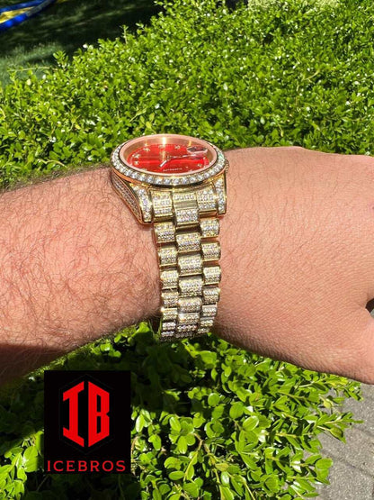 (29) Mens MOISSANITE Red Face Gold Presidential Watch Iced Hip Hop Passes Diamond Test